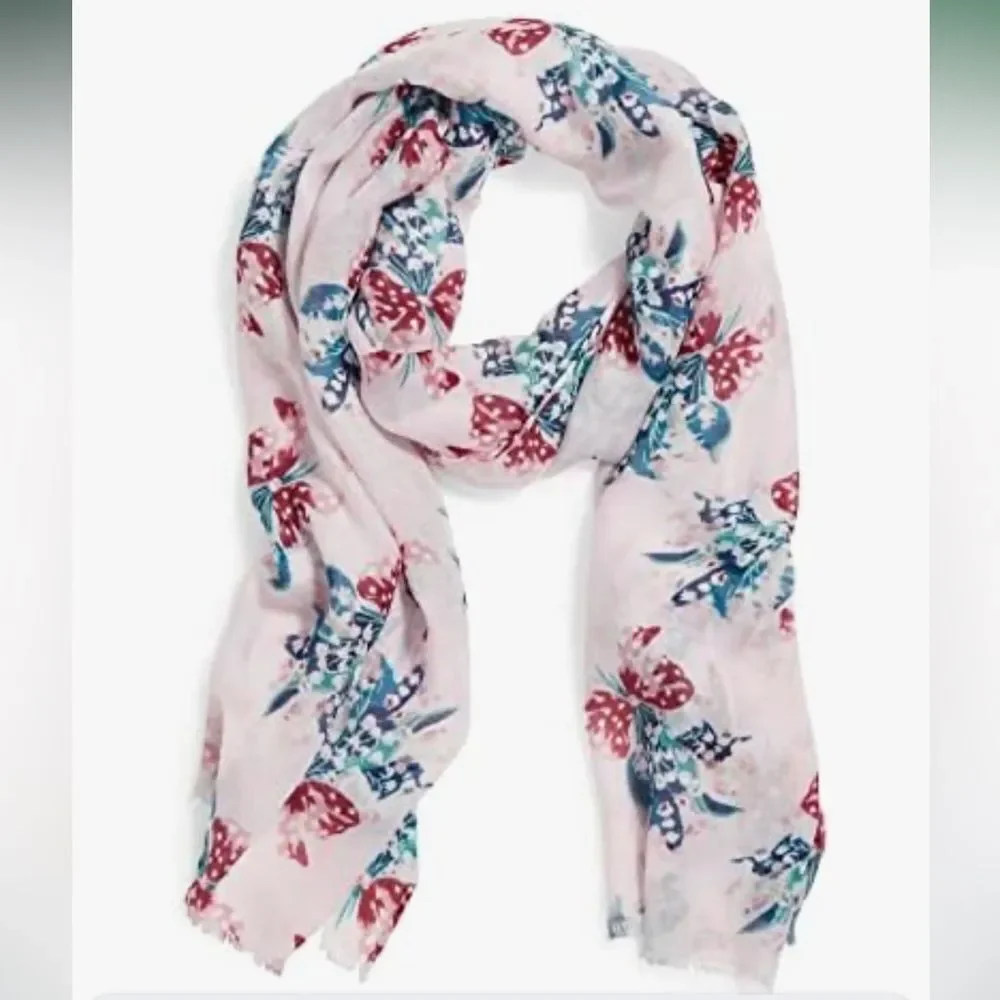 Vera Bradley Happiness Returns Pink Blue Lilly of the Valley Soft Fringe Scarf